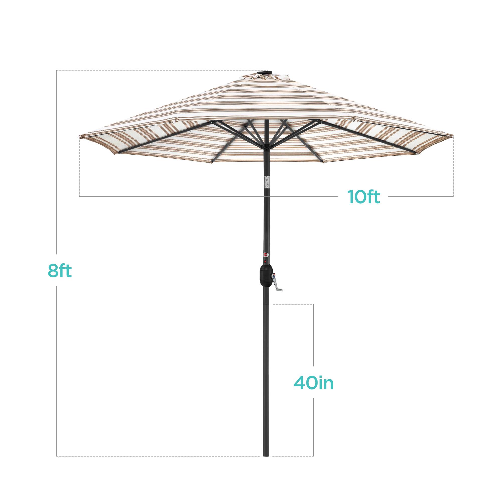 The dimensions of the umbrella are:

- Diameter: 10 feet
- Height: 8 feet
- Shaft Diameter: 40 inches