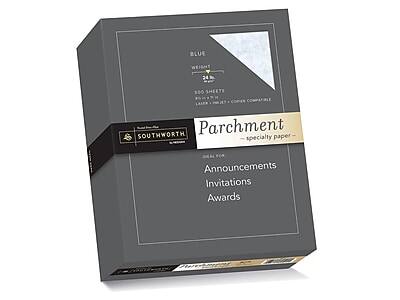 BLUE  
WEIGHT 24A  
160 SHEETS  

Parchment  
— specialty paper —  

SOUTHWORTH  

Announcements  
Invitations  
Awards