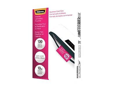 Fellowes  
Business Card Size  
Formato de tarjeta comercial  
Thermal Laminating Pouches  
Pochettes Pour la plastification à chaud  
Pouches Para Plastificar Caliente  
Boîtes Para Plastificar Caliente  

100 Quantity  
QUANTITY DUOACTE  

2.25" x 3.5"  
57mm x 95mm  

10 mil  
MICROFINISH