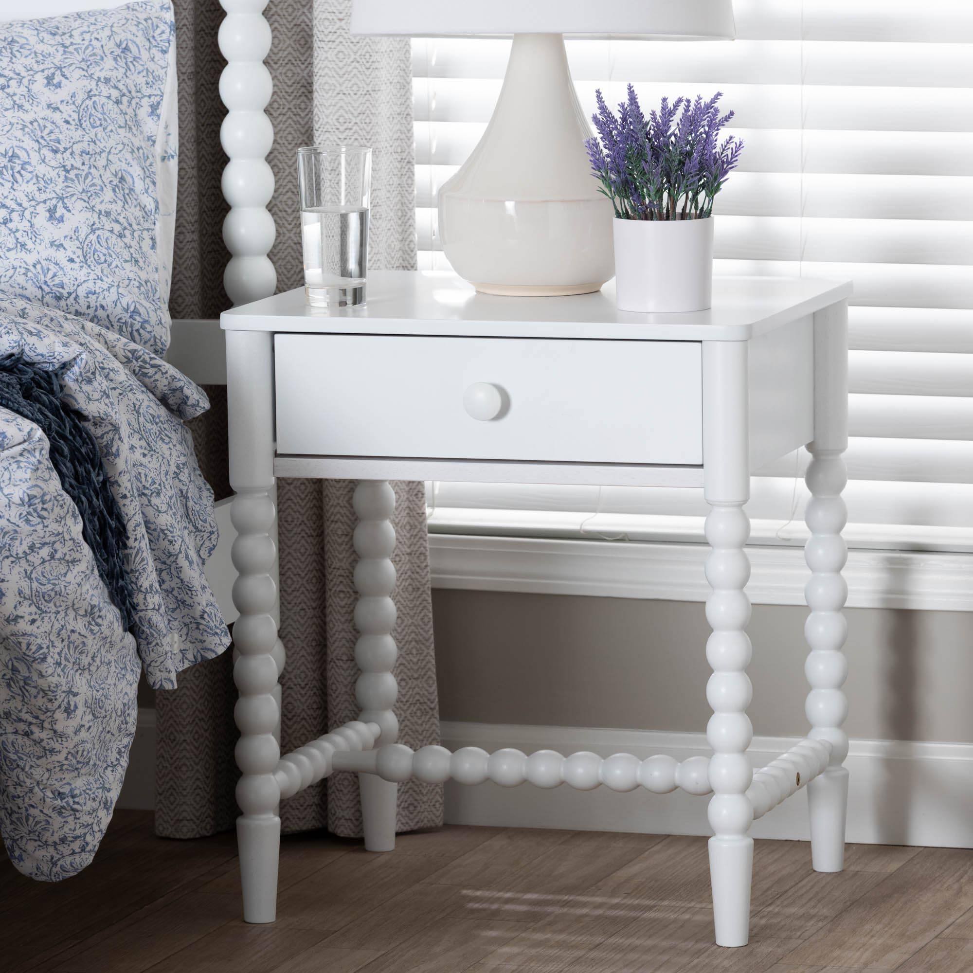 Alt View 4. Baxton Studio - Brantley Spindle Nightstand - 1-Drawer Bedside Table with Beaded Frame and Open Base for Bedroom - White.