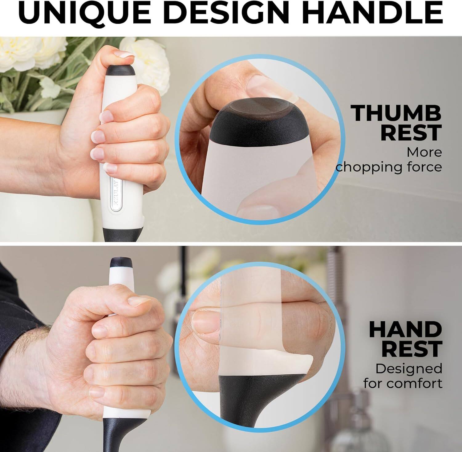 UNIQUE DESIGN HANDLE

THUMB REST
More chopping force

HAND REST
Designed for comfort