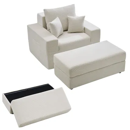 Front. VEVOR - Chaise Lounge Chair, 44 in Boneless Modular Chaise Lounge Indoor, Oversized Corduroy Reading Chair with Throw Pillows - Off-white.