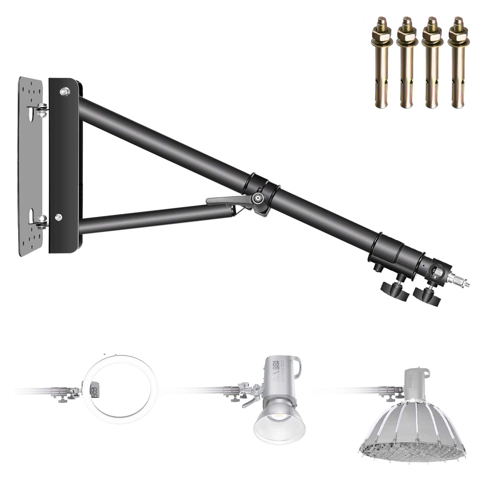 Neewer - Wall Mount Triangle Boom Arm for Studio Lights - 4.3ft Extendable for Ring Light, Strobe & Softbox