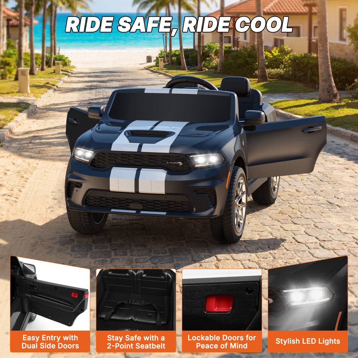 RIDE SAFE, RIDE COOL

- Easy Entry with Dual Side Doors
- Stay Safe with a 2-Point Seatbelt
- Lockable Doors for Peace of Mind
- Stylish LED Lights