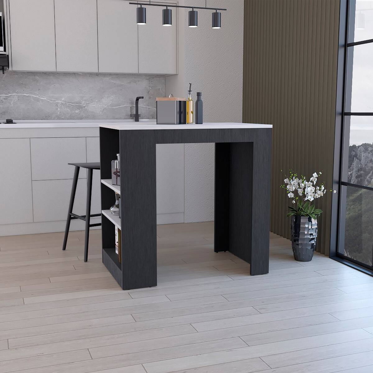 Loheer - Kitchen Island with 3-Side Shelves 36 Inch High Kitchen Bar Table White and Ibiza Marble - Multicolor