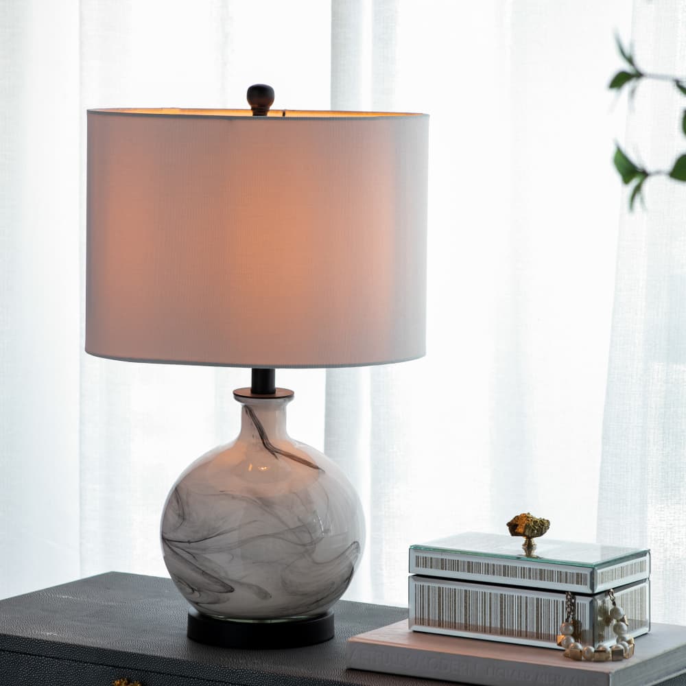 Back. Luckbyte - 14x14x23 Inch White Grey Glass Table Lamp.