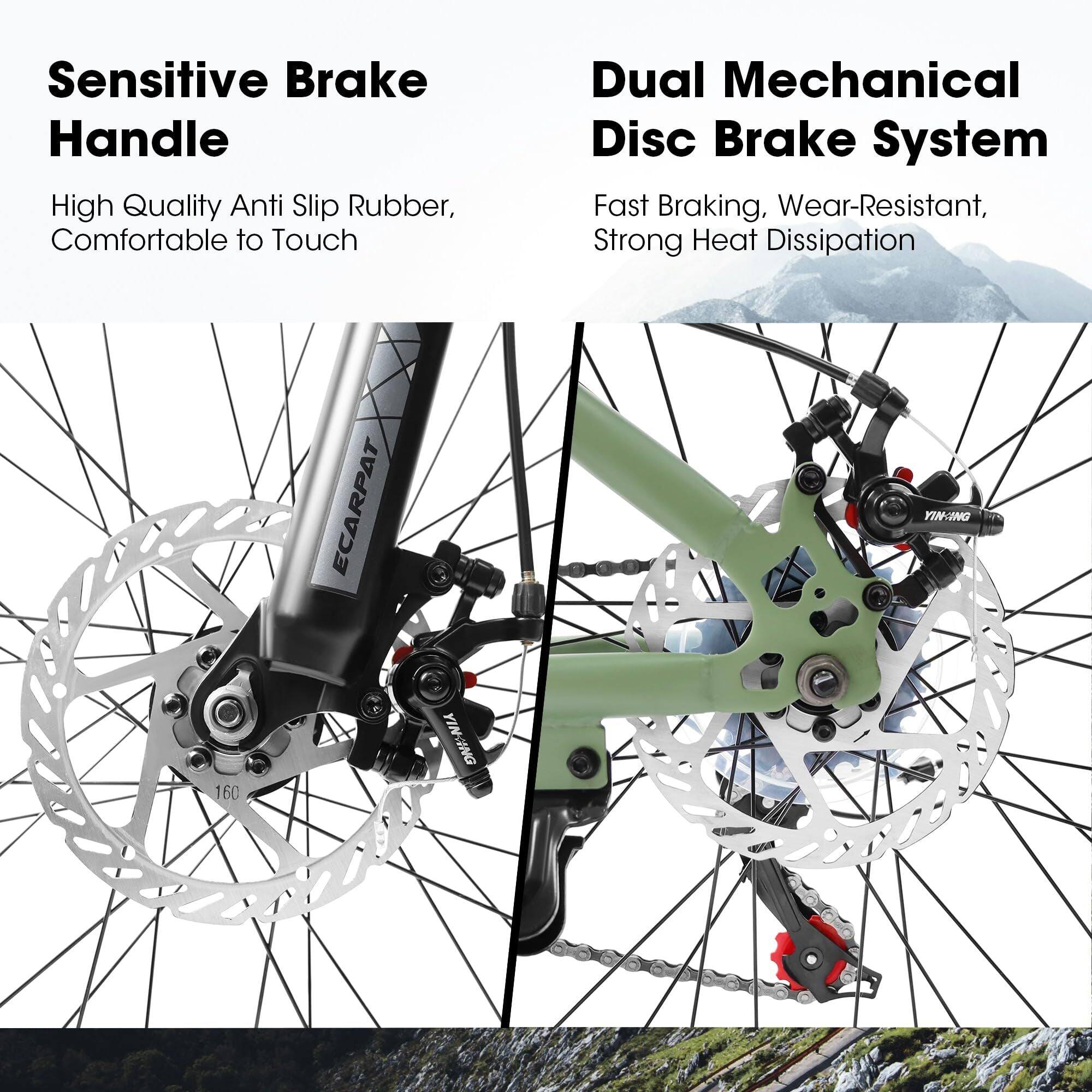 Sensitive Brake Handle  
High Quality Anti Slip Rubber, Comfortable to Touch  

Dual Mechanical Disc Brake System  
Fast Braking, Wear-Resistant, Strong Heat Dissipation  

ECARPAT YIN-ING 160 DWENIA