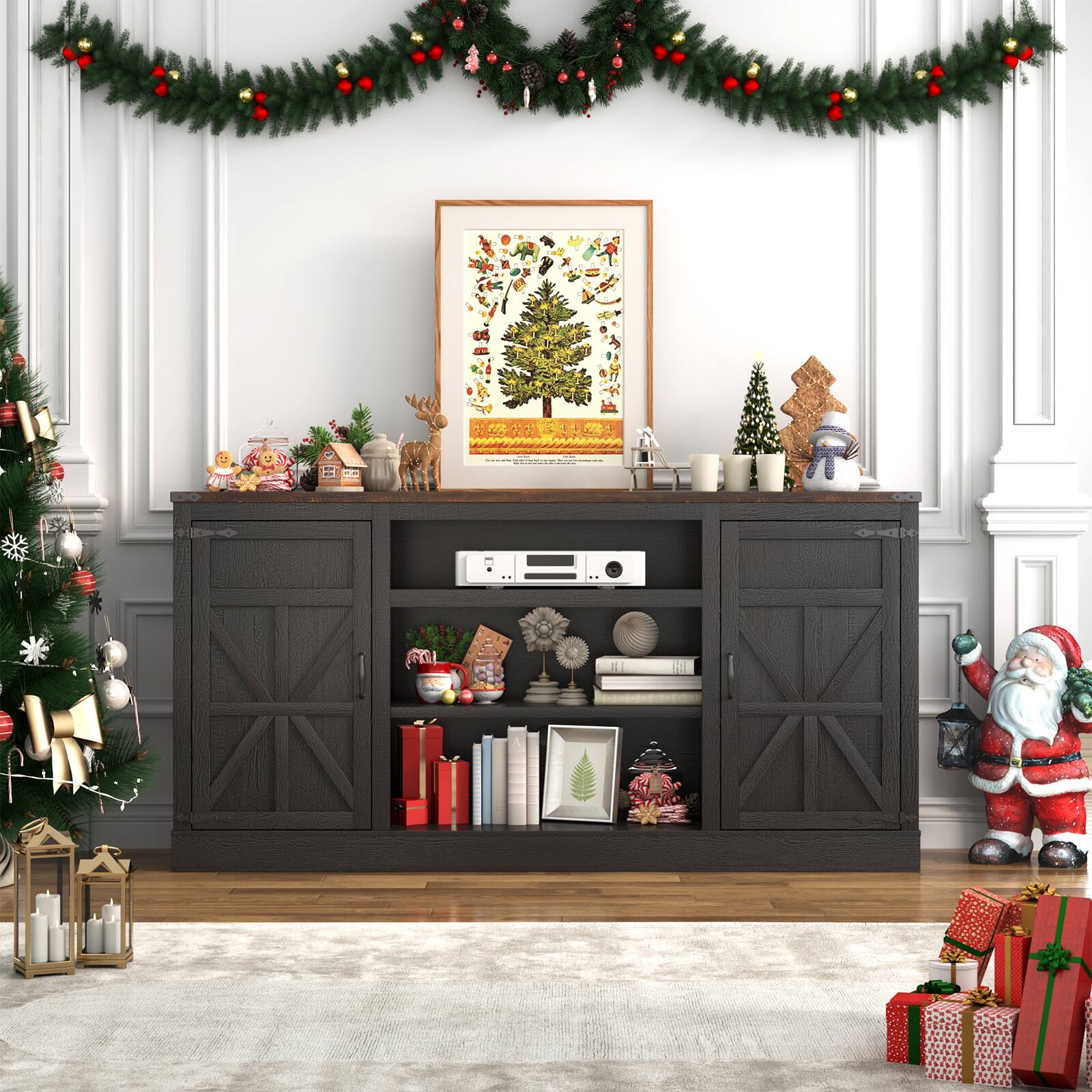 Left. Espafurni - 66" Farmhouse TV Stand w/Power Outlet, 33"H, Adjustable Shelves & Storage – Fits 75" TV - Black.