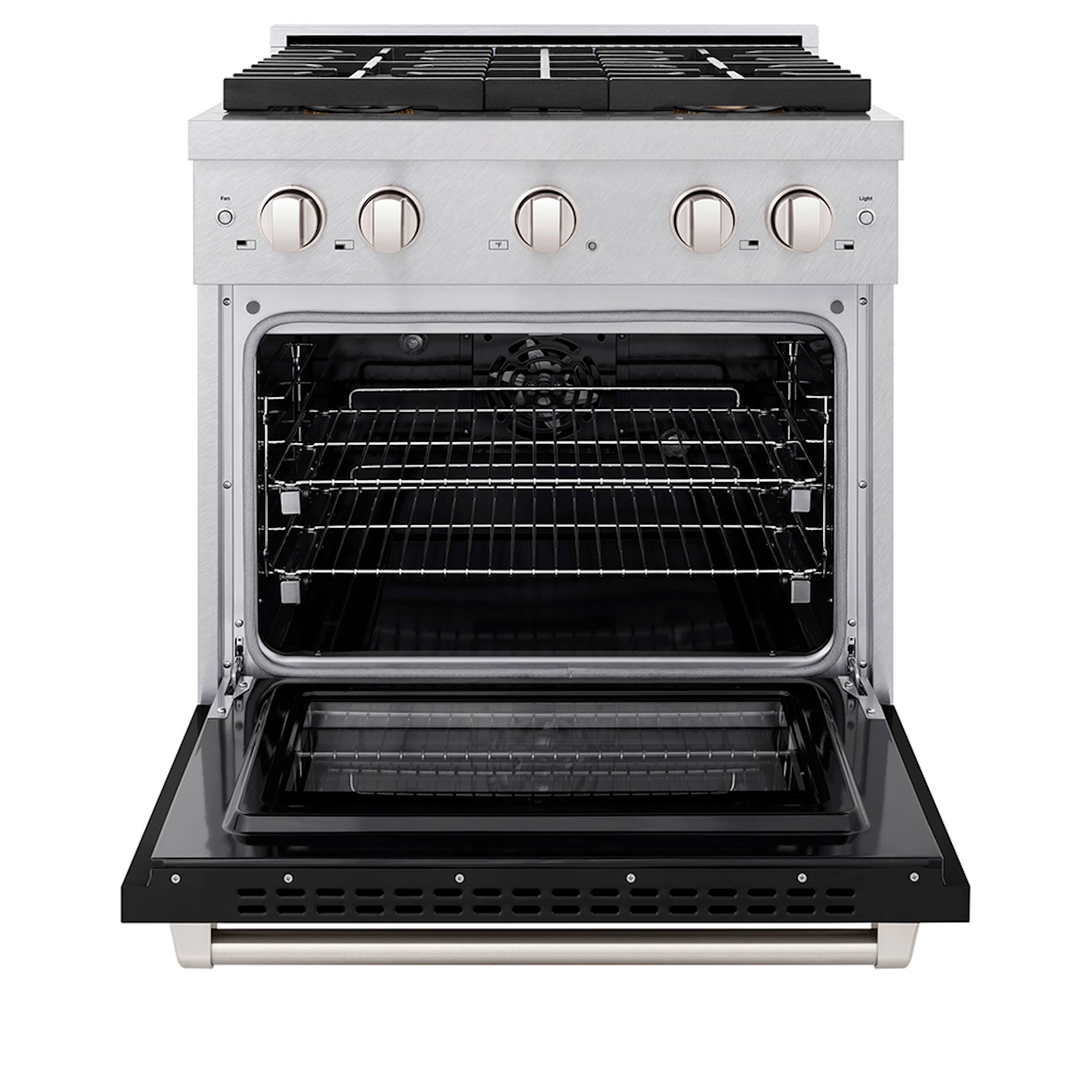 Angle. ZLINE - ZLINE 30 in. 4.2 cu. ft. Freestanding Paramount Dual Fuel Range with DuoPro Cooktop in Satin Steel with Black Matte Door - Black Matte.