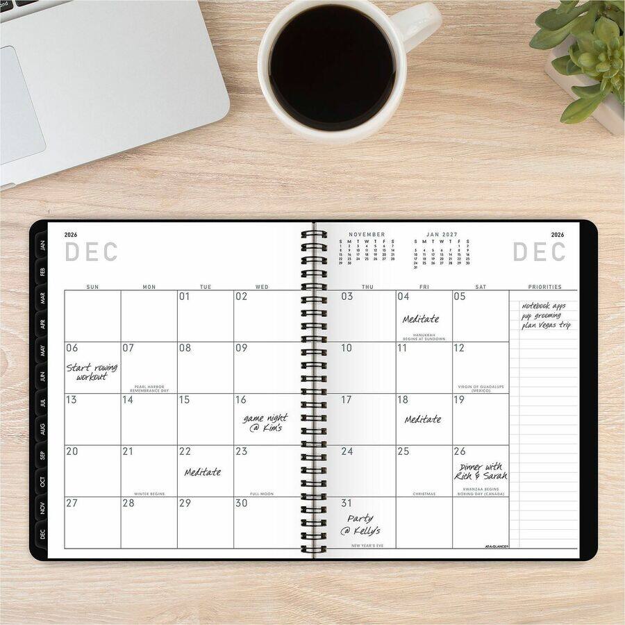 JAN 2026 DEC NOVEMBER BJJSPN 5 JAN 2027

DEC

SUN MON TUE WED THU FRI SAT

01 02 03 04 05 06 07

08 09 10 11 12 13 14

15 16 17 18 19 20 21

22 23 24 25 26 27 28

29 30 31

PRIORITIES

- Meditate
- Start rowing workout
- game night @ Kim's
- Meditate
- Meditate
- Dinner with Rick & Sarah
- Party @ Kelly's

- notebook app
- plan Vegas trip
- pay screaming
- Virgin of Guadalupe
- White begins
- Full moon
- Christmas
- Boxing Day Canada
- New Year's Eve