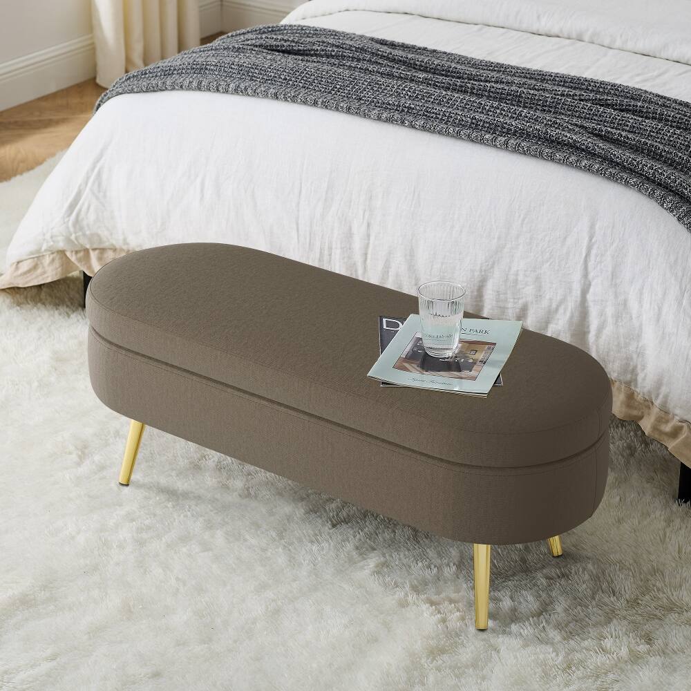Left. Ropilly - Ropilly Brown Oval Storage Ottoman Flannel Bench Metal Legs - Brown.