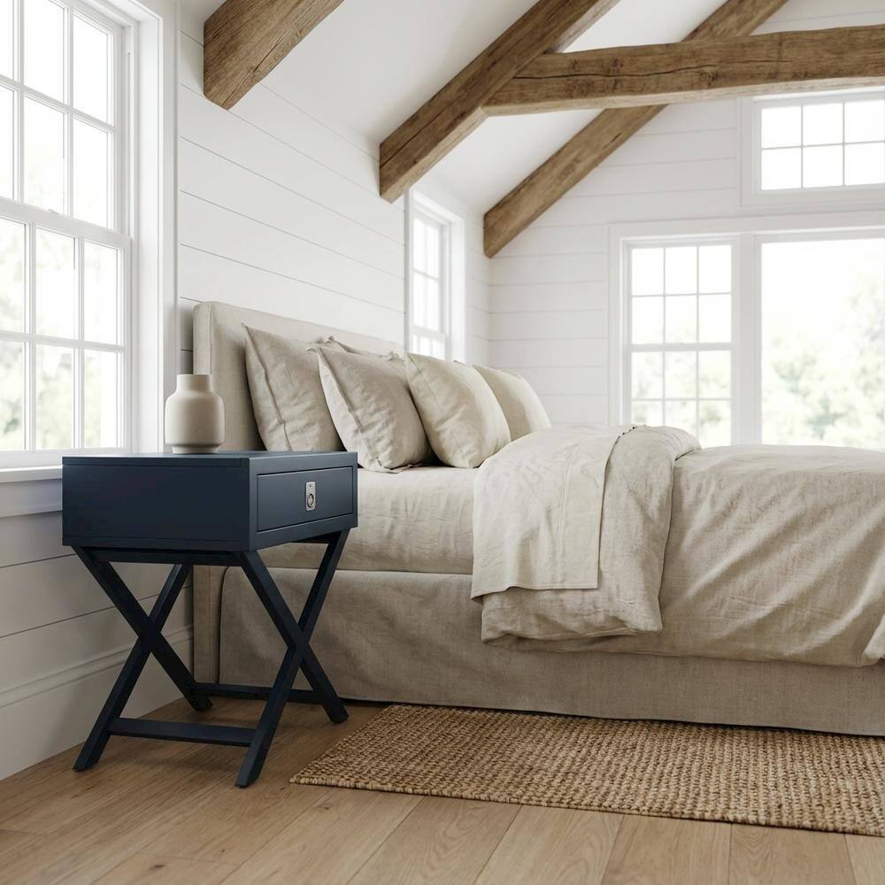 Alt View 1. FurniFact - Navy Blue Nightstand with Modern Design and Durable Construction - Brown.