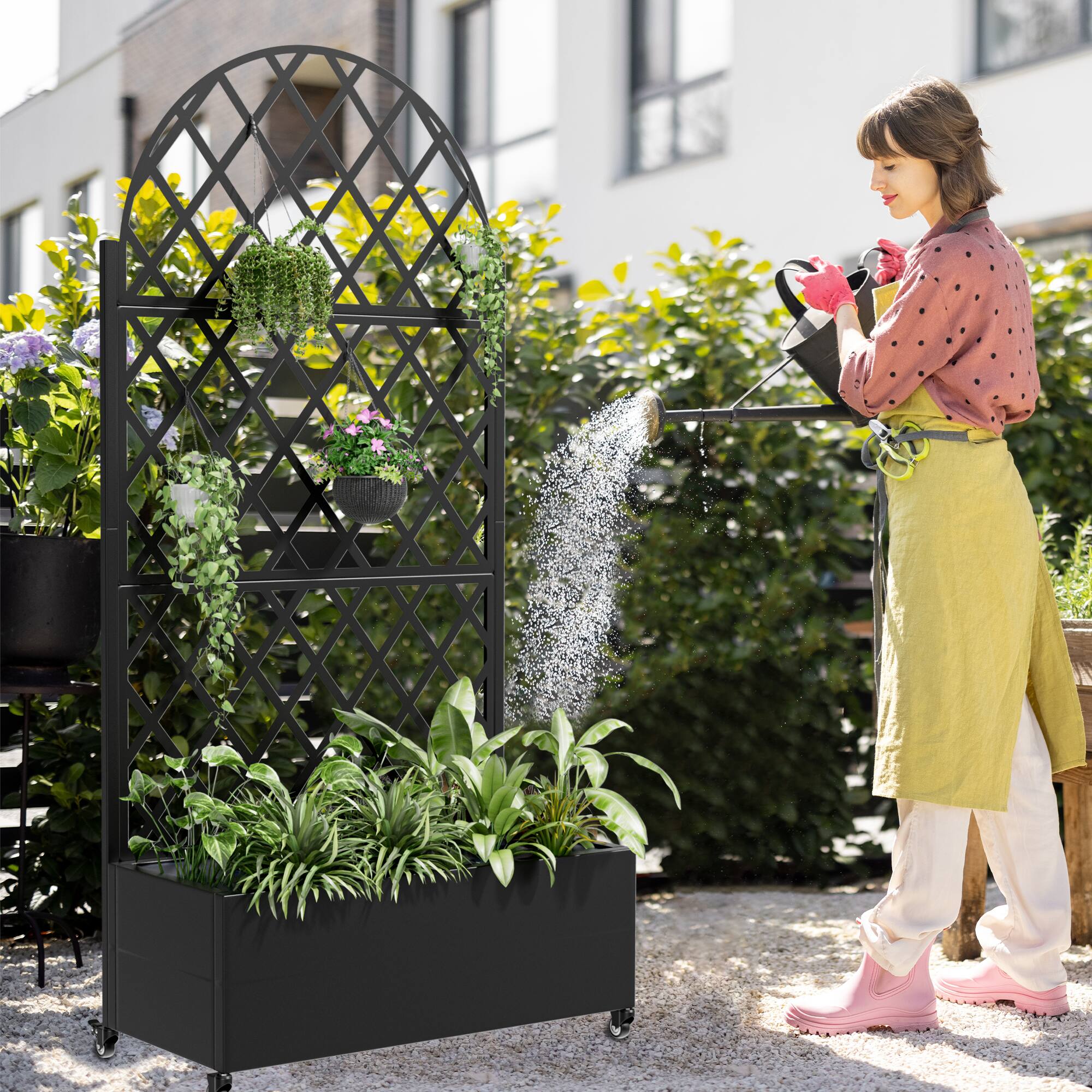 Alt View 2. PexFix - 72 in. H x 35 in. W Diamond Pattern Arch Metal Planter Box Raised Garden Beds with Trellis-Ideal for Balcony - Black.