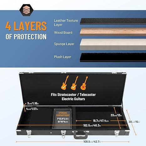 Leather Texture Layer  
Wood Board Layer  
Sponge Layer  
Plush Layer  

Fits Stratocaster / Telecaster Electric Guitars  

4cm / 1.57in STORAGE COMPARTMENT  

Dimensions:  
- 18.7w / 47.4cm  
- 33cm / 13in  
- 102.5cm / 40.3in  
- 38cm / 15in  
- 38cm / 15in  
- 108.5cm / 42.7in