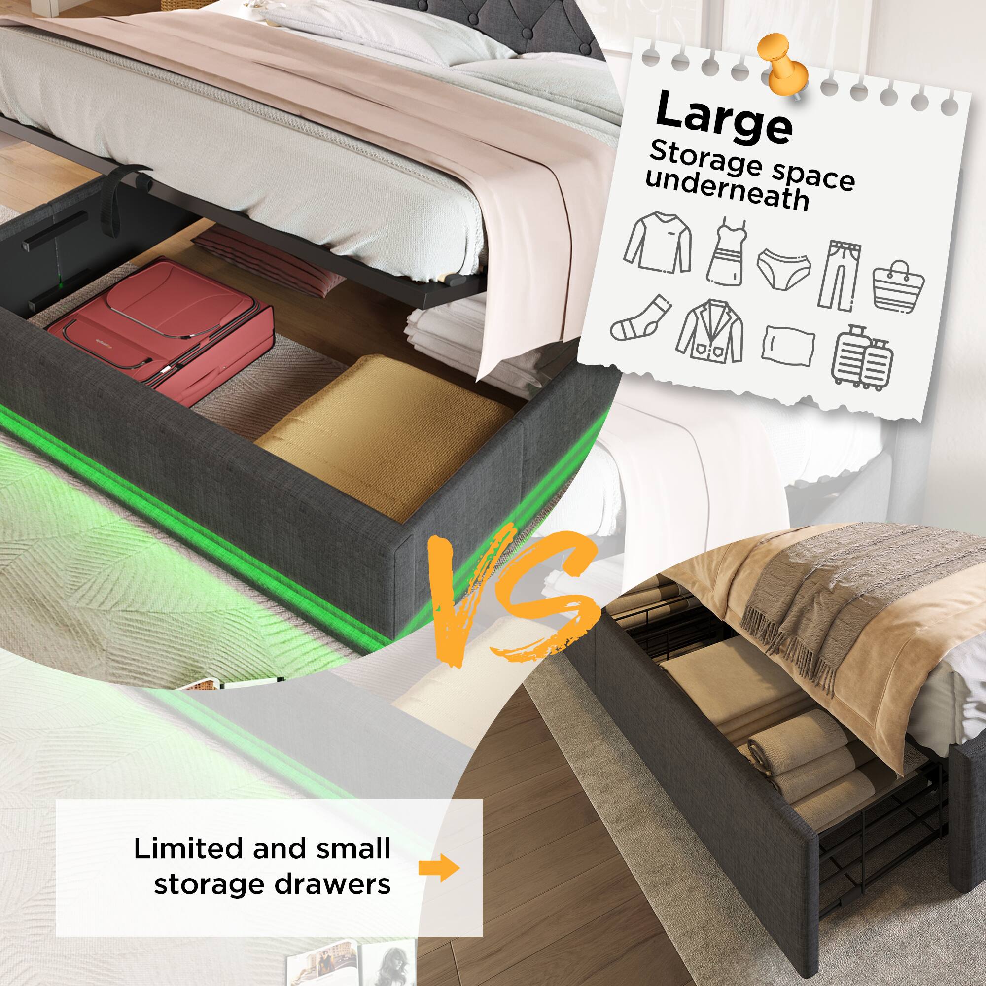 Large Storage space underneath

Limited and small storage drawers