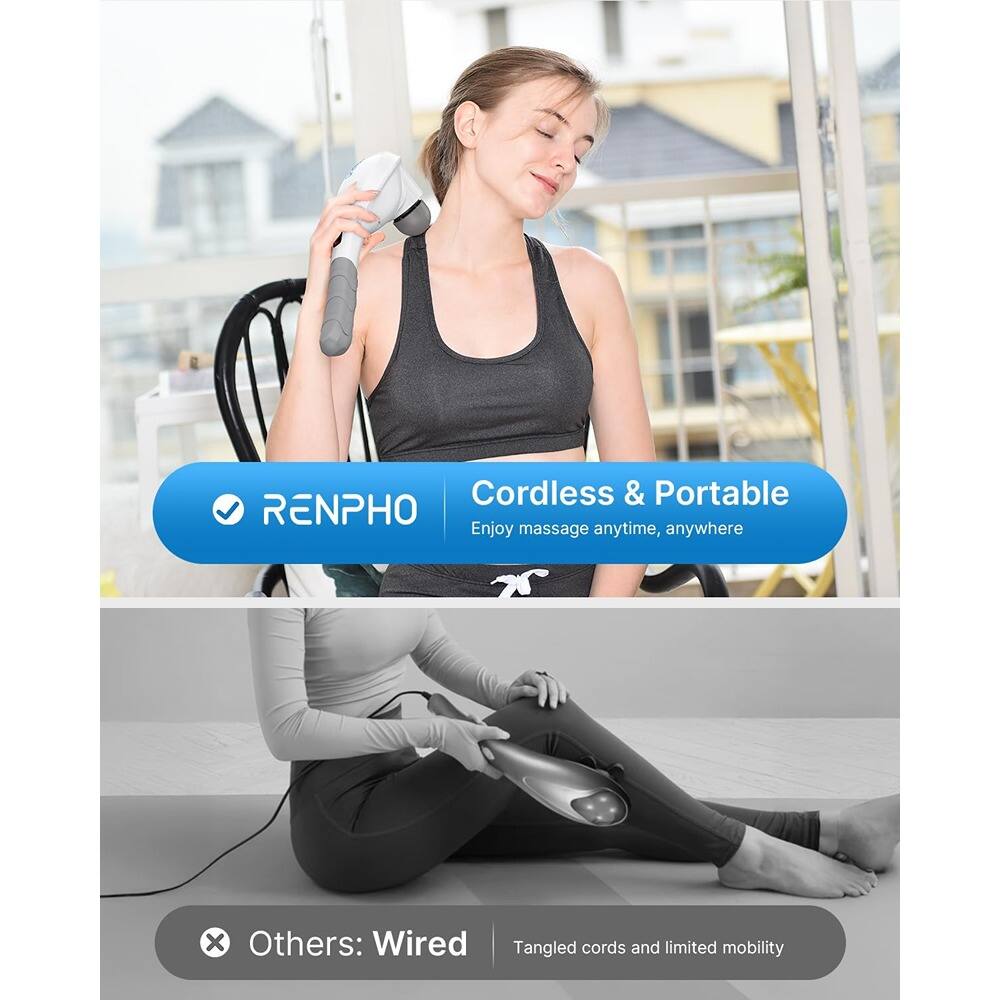 Cordless & Portable  
RENPHO  
Enjoy massage anytime, anywhere  

Others: Wired  
Tangled cords and limited mobility