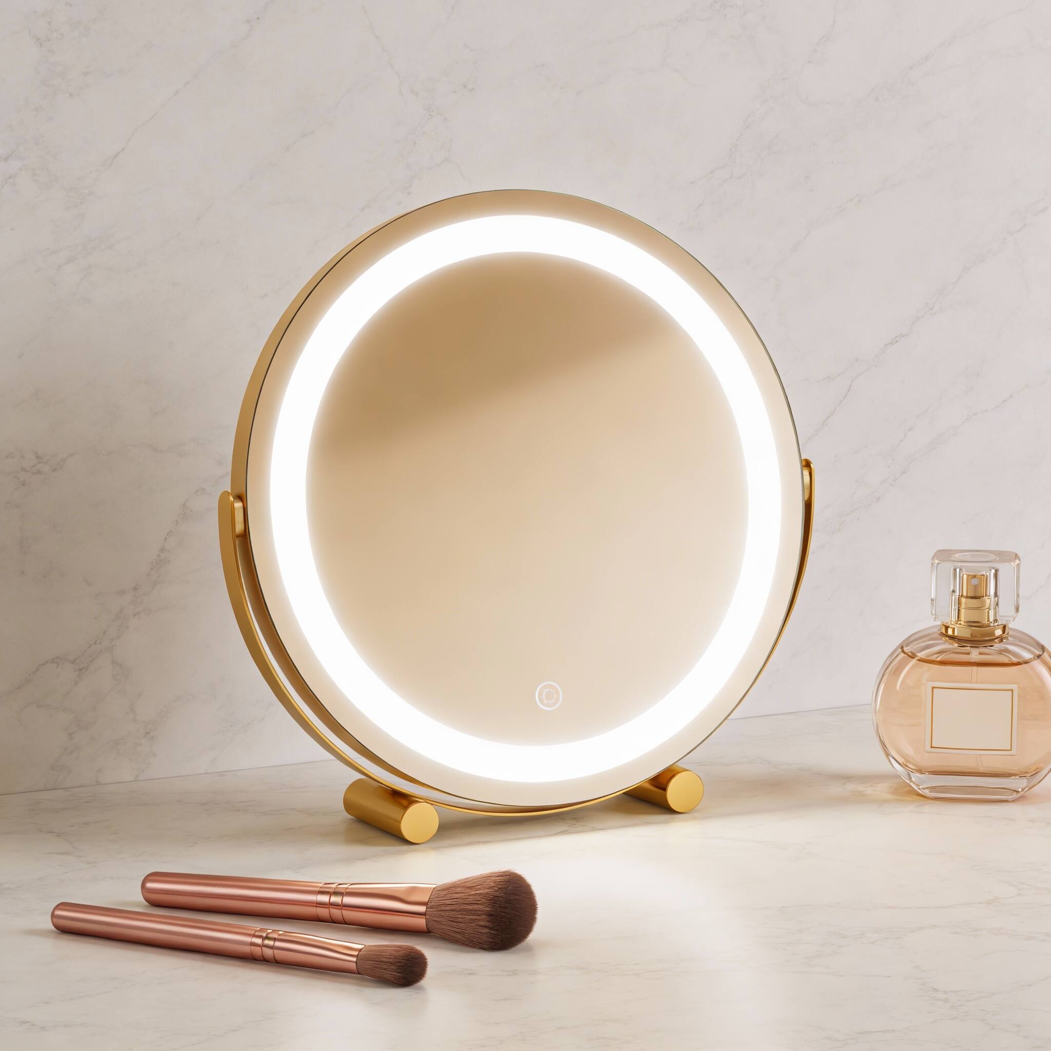 Back. PO3TICJUNKI3 - 12" Gold Lighted Makeup Mirror, 3-Color Dimmable LED, 360° Rotating Tabletop - White 18"L x 18"W.