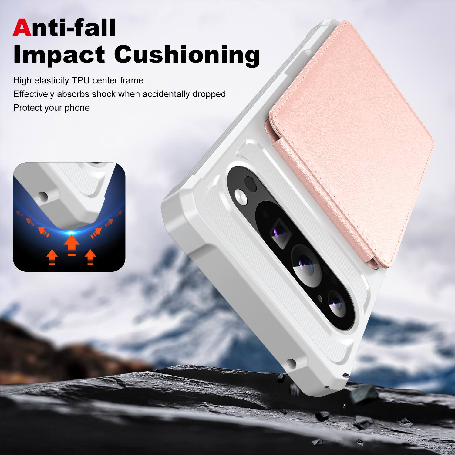 Anti-fall Impact Cushioning

High elasticity TPU center frame
Effectively absorbs shock when accidentally dropped
Protect your phone