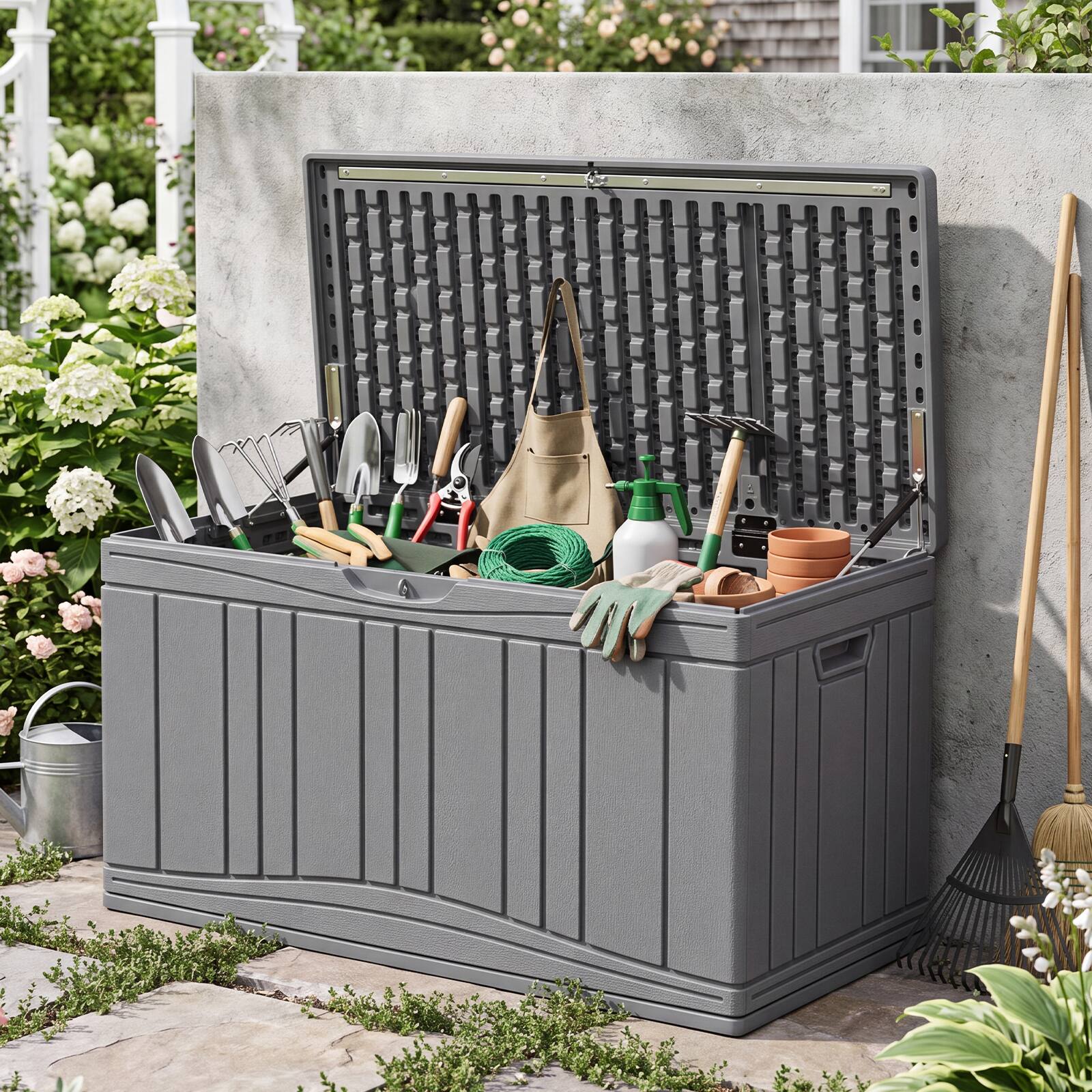 Alt View 3. Costway - Costway 80 Gallon Outdoor Deck Box with Gas Struts & Lock-Compatible Lid for Packages - Gray.