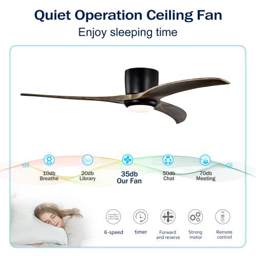 Quiet Operation Ceiling Fan  
Enjoy sleeping time  

10db Breathe  
20db Library  
35db Our Fan  
50db Chat  
70db Meeting  

6-speed timer  
Forward and reverse  
Strong motor  
Remote control