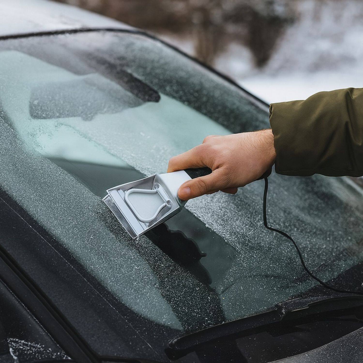 Left. Stock Preferred - 12V Heated Electric Windshield Ice & Snow Scraper - Black with Red Grip.