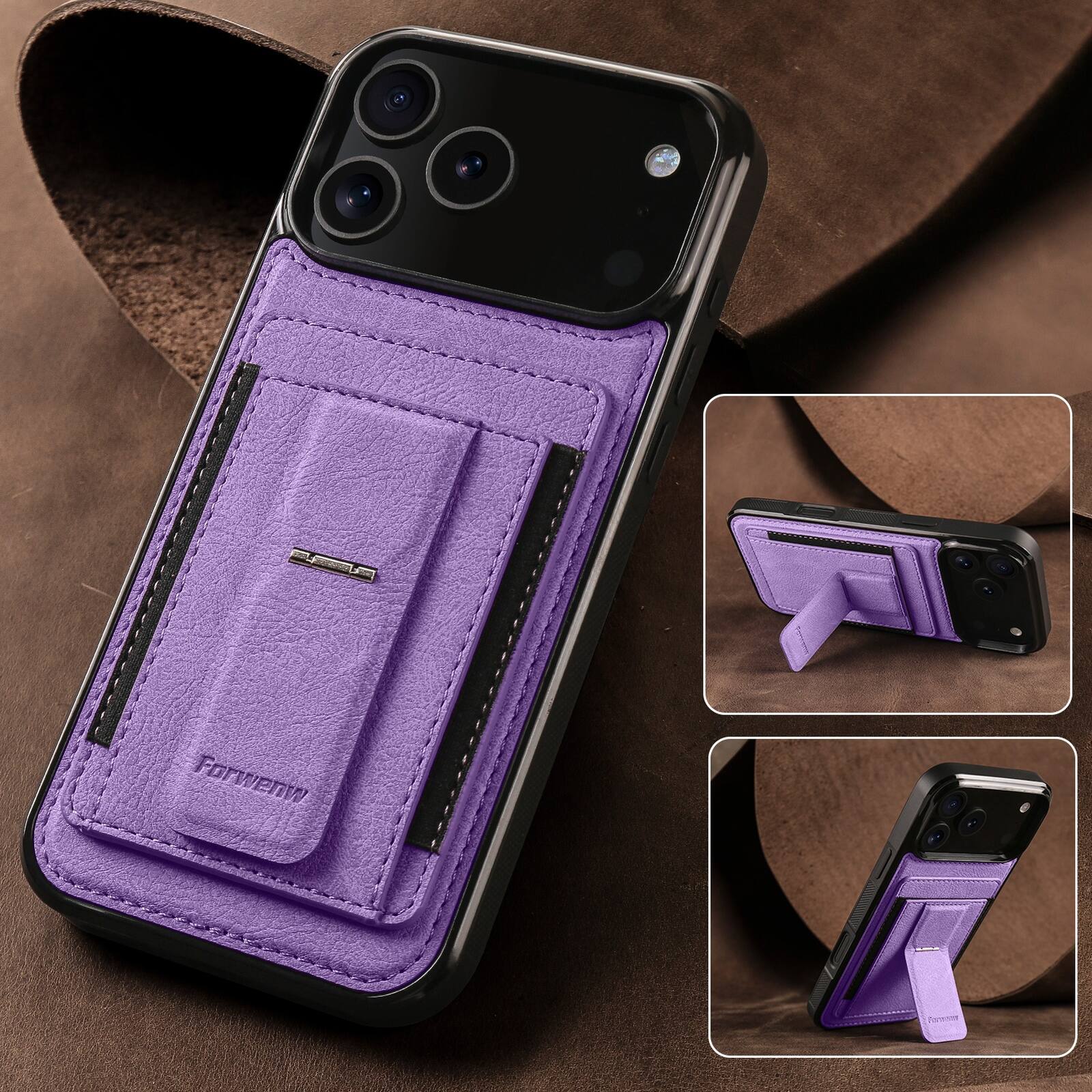 Back. Dteck - Slim Card Holder Case for Apple iPhone 17 Pro, Shockproof Wallet Protective Cover with Kickstand - Purple.