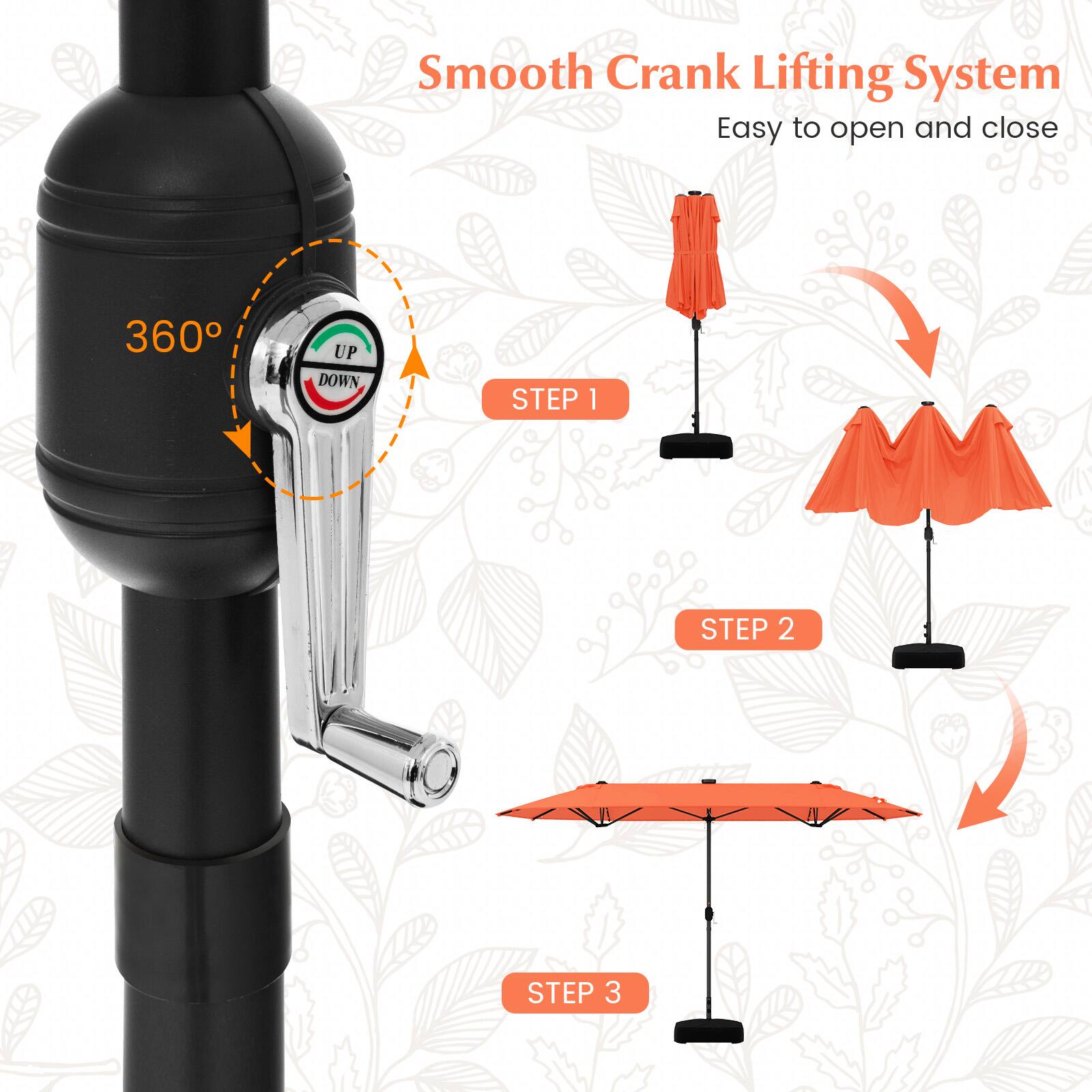 Smooth Crank Lifting System  
Easy to open and close  

360° UP DOWN  

STEP 1  
STEP 2  
STEP 3