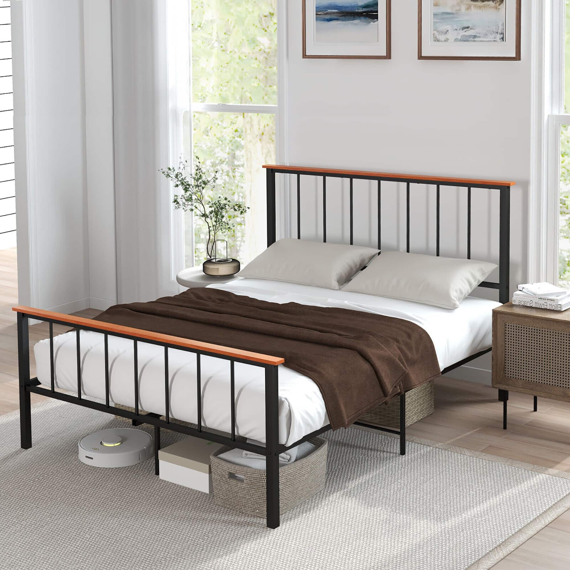 Gymax - Queen Size Metal Platform Bed Frame Mattress Foundation with Headboard Industrial - Black