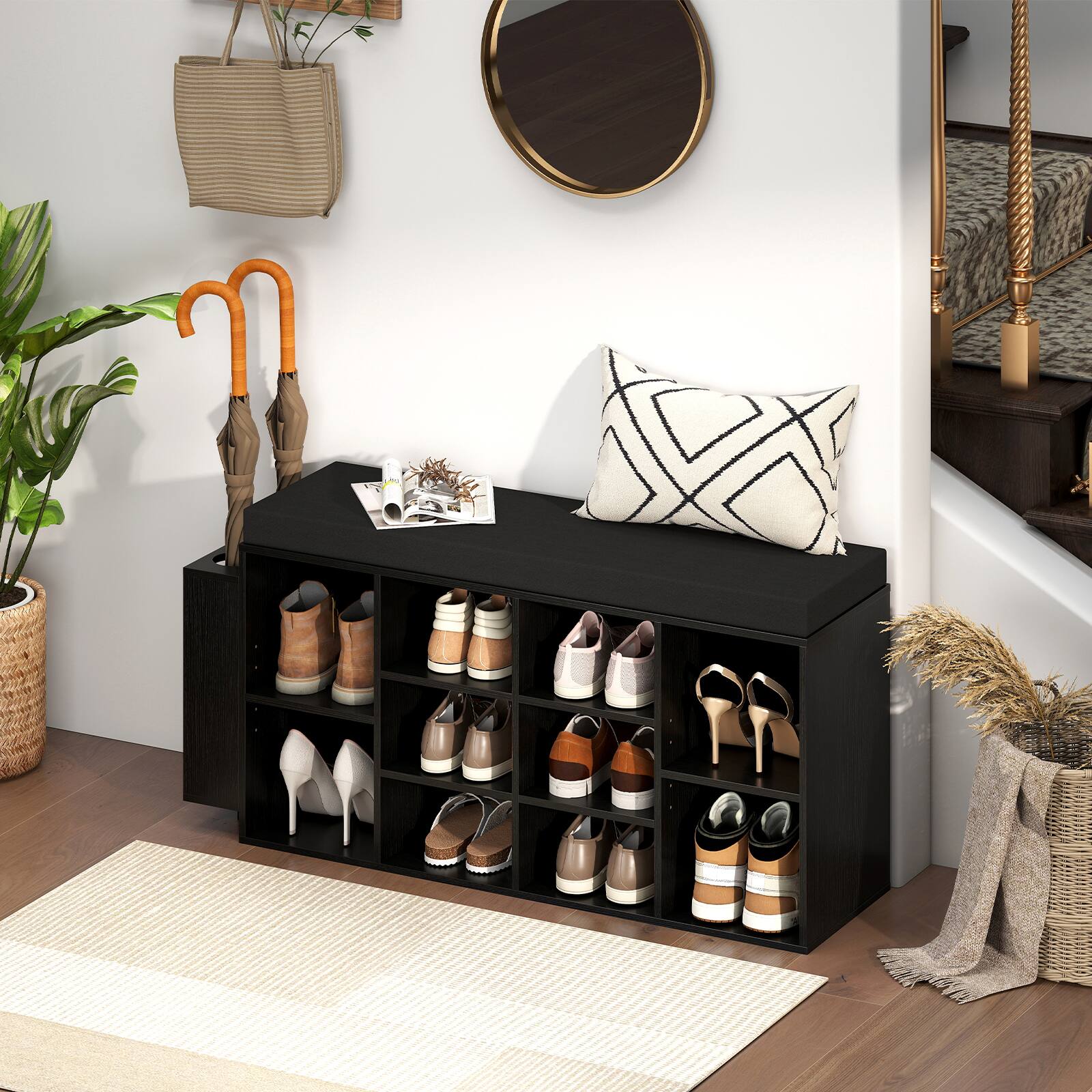 Alt View 4. Gymax - Gymax Shoe Storage Bench w/Umbrella StandPadded Seat Adjustable & Removable Shelves - Black.