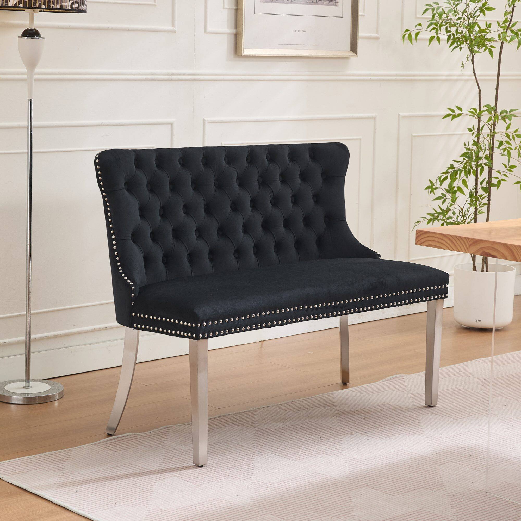 Angle. GOODSILO - Velvet Double Dining Loveseat Bench with Tufted Back and Stainless Steel Legs for Modern Kitchen Seating - Black.