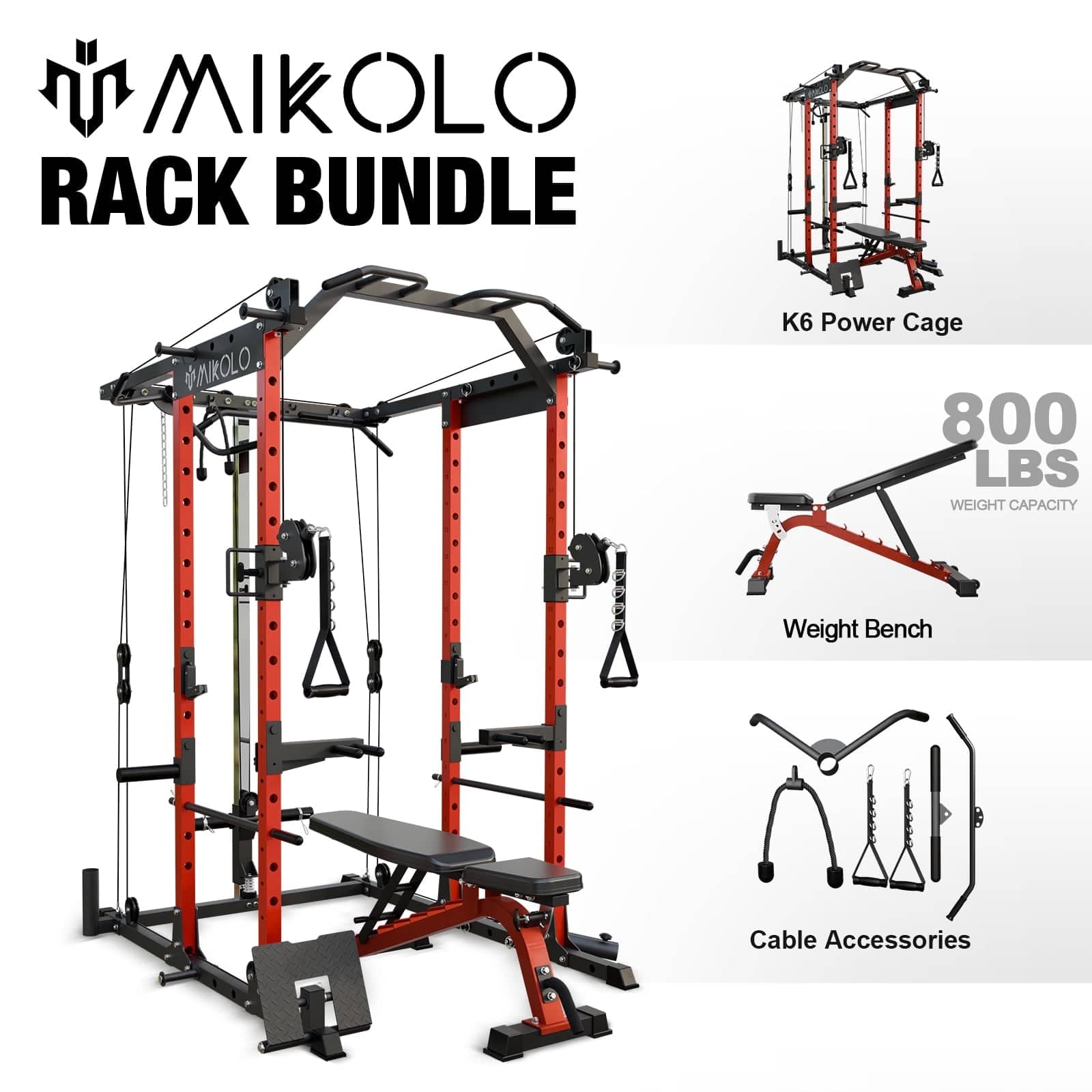 MIKOLO RACK BUNDLE K6 Power Cage 800 LBS WEIGHT CAPACITY Weight Bench Cable Accessories