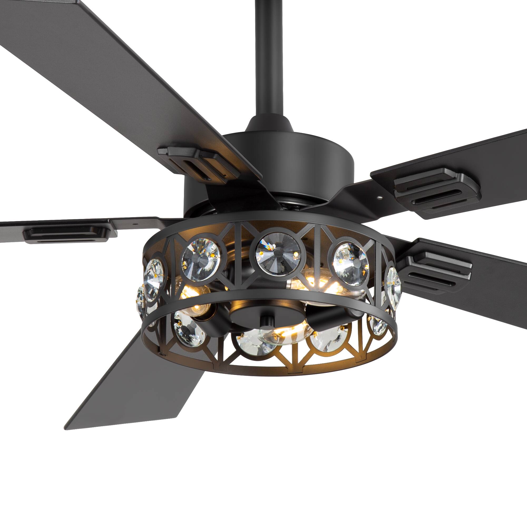 Left. Breezary - 48" Ceiling Fan with 5 Plywood Dual Finish Blades, 6 Speeds, DC Motor, 4''&8'' Downrods, Remote Control & Timer - Matte Black and Dark Wood Grain.