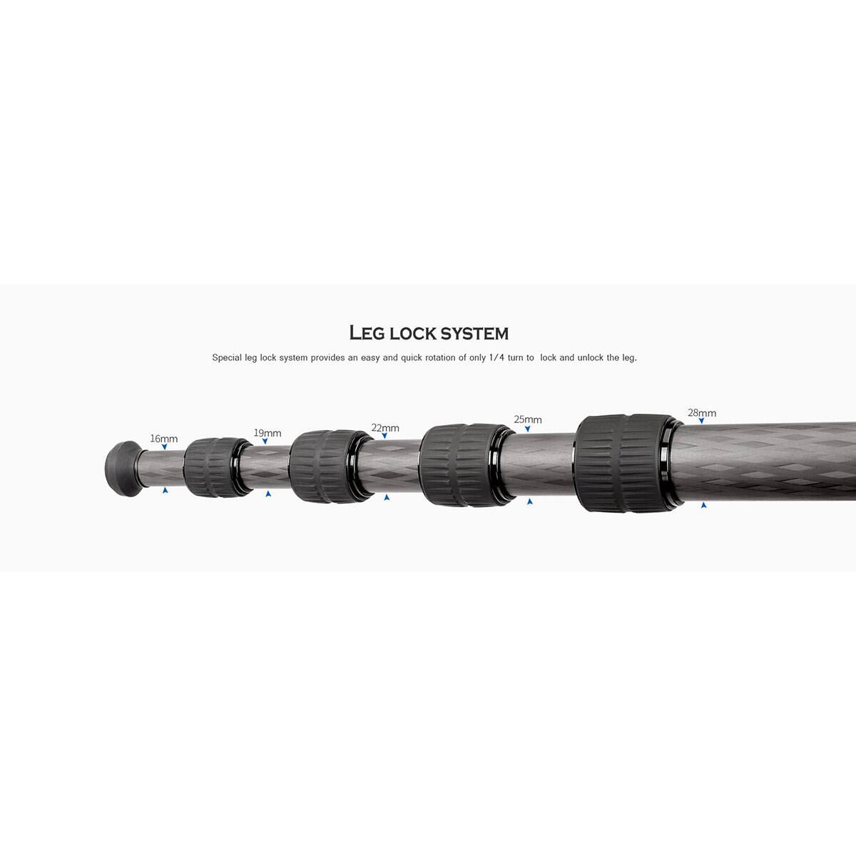 LEG LOCK SYSTEM  
Special leg lock system provides an easy and quick rotation of only 1/4 turn to lock and unlock the leg.  
16mm  
19mm  
22mm  
25mm  
28mm