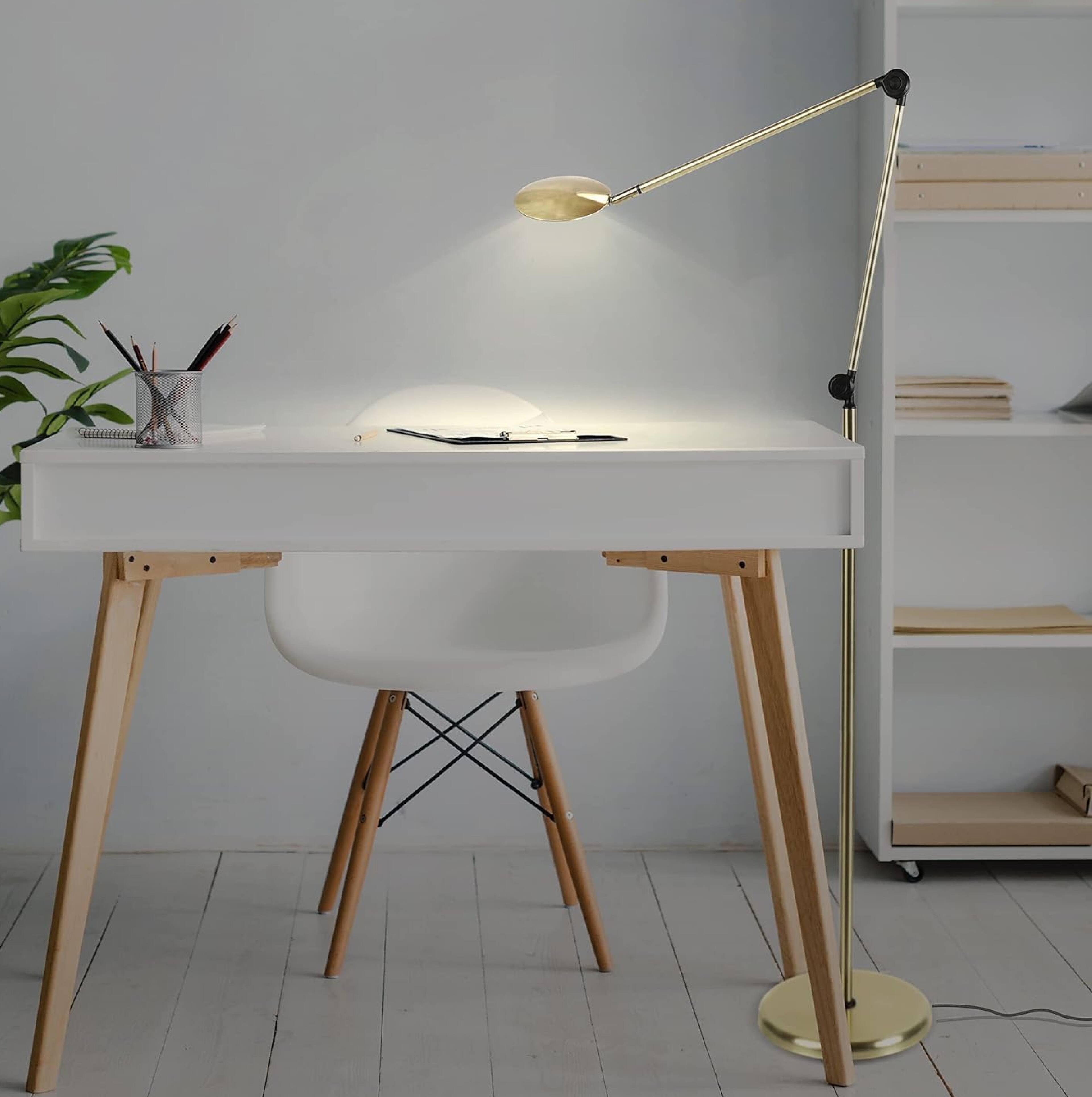 Alt View 1. Brightech - Sage 2-in-1 LED Modern Industrial Arc Dimmable Bedside Desk and Floor Lamp with Rotating Height-Adjustable Head - Antiqued Brass.