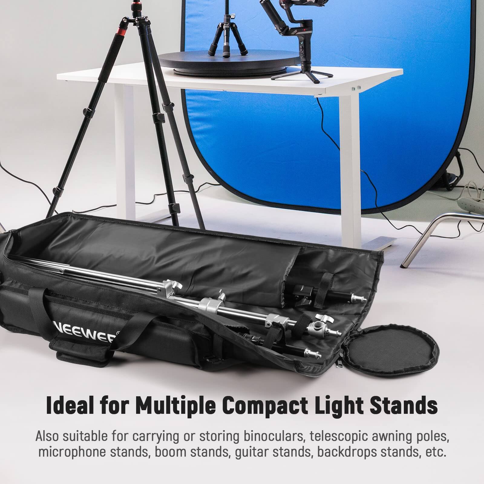 Ideal for Multiple Compact Light Stands

Also suitable for carrying or storing binoculars, telescopic awning poles, microphone stands, boom stands, guitar stands, backdrops stands, etc.
