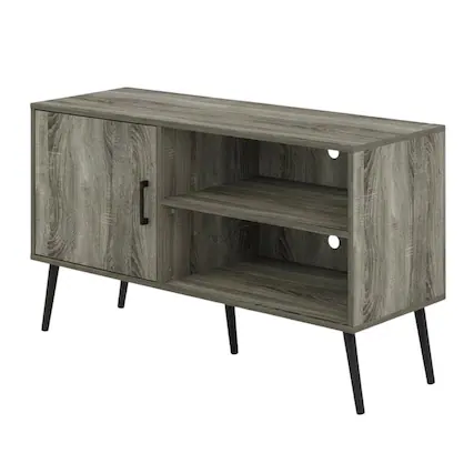 Front. FurniFact - Mid Century Style TV Stand, Wood Legs, French Oak Grey Finish, Single Cabinet - Gray.