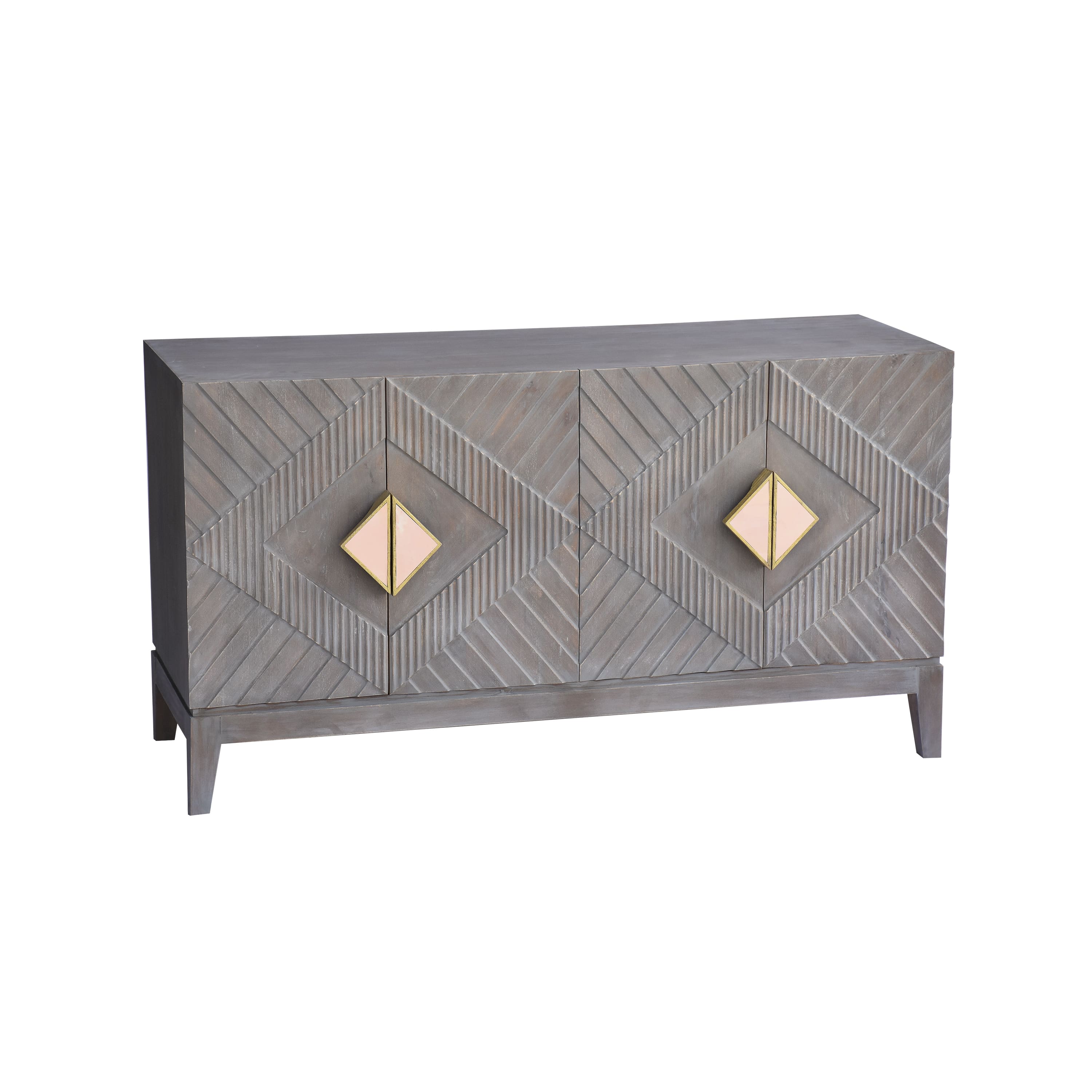 Manhattan Lane - Abiel 55 Inch Mango Wood Sideboard Buffet Cabinet Console, 4 Doors, Inner Shelf, Ornate Diamond Carving - Gray, Gold
