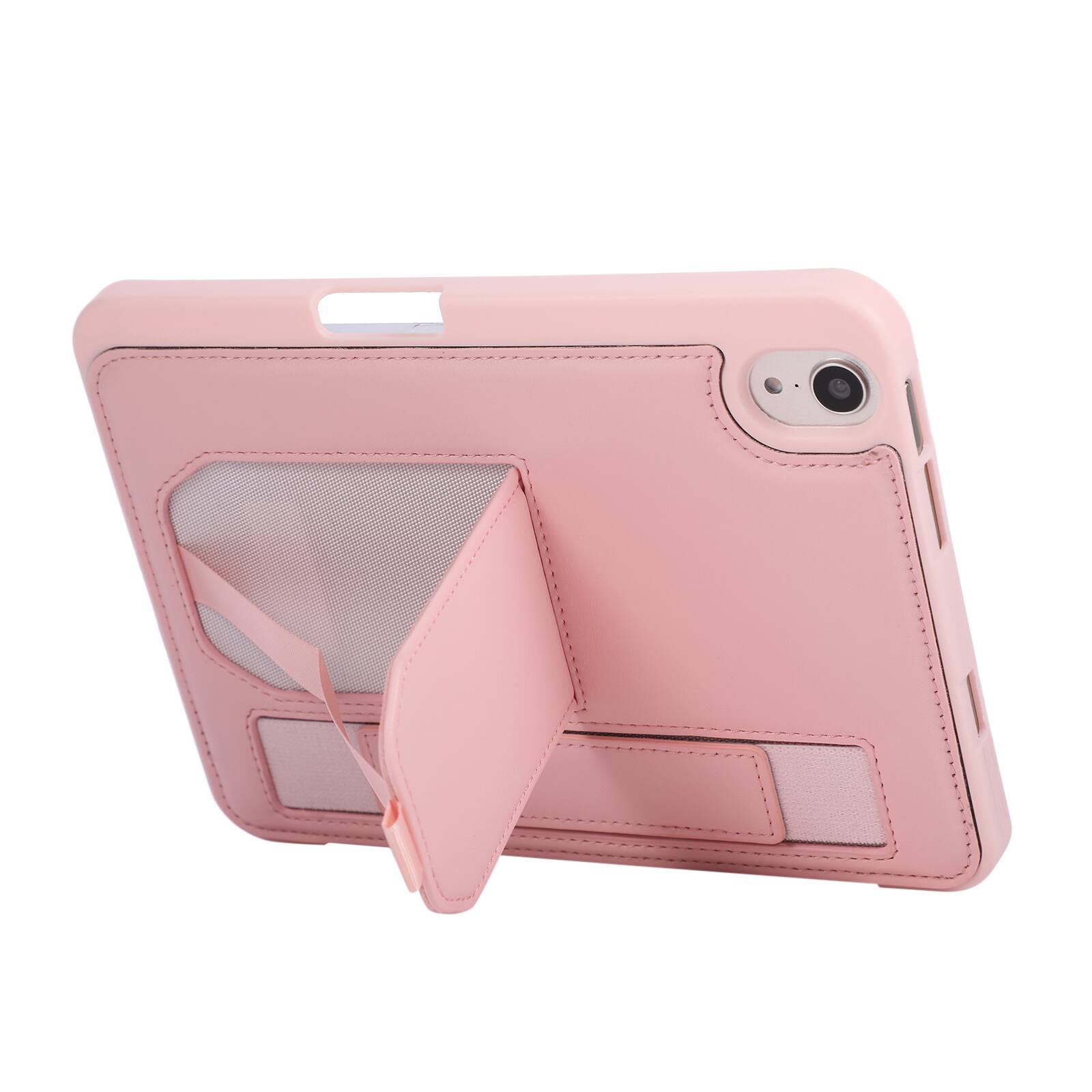 Back. UUCOVER - Case for iPad mini A17 Pro 8.3-inch 2024/iPad mini 6th Gen Shockproof PU Leather Hand Strap Stand Pencil Holder Cover - Pink.