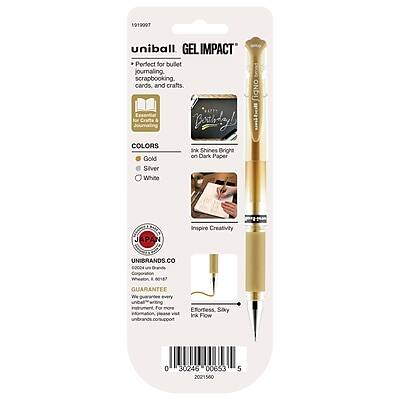 1919997 uniball GEL IMPACT - Perfect for bullet journaling, scrapbooking, cards, and crafts.

COLORS
- Gold
- Silver
- White

Ink Shines Bright Gold on Dark Paper

Inspire Creativity

UNIBRANDS.CO
GUARANTEE
We guarantee for Effortless, Sky Ink Flow

0 30246 00653 2021560 5

JAPAN