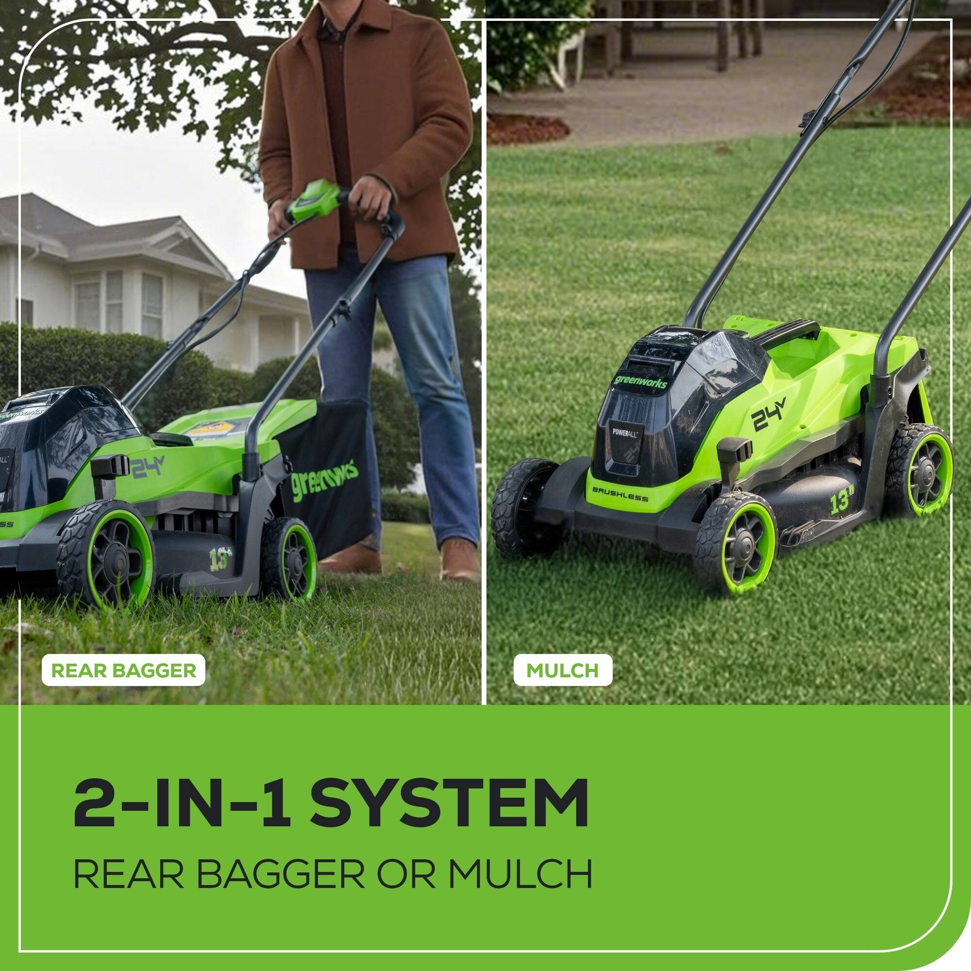 - I 4 13 greenworks
- SRUSTLE 24 13' REAR BAGGER MULCH 2-IN-1 SYSTEM REAR BAGGER OR MULCH