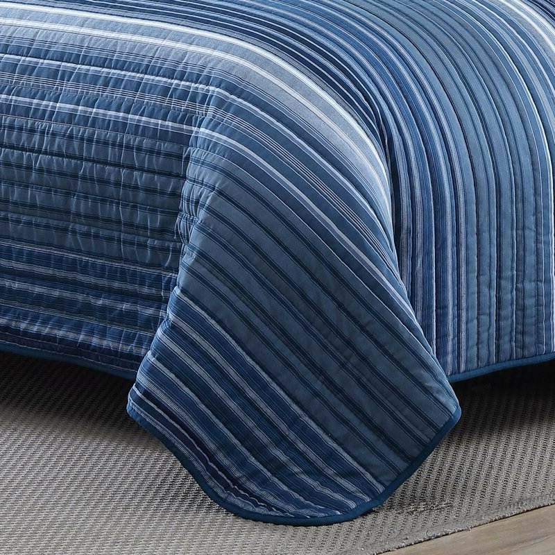 Back. Hivvago - King Size Coastal Blue Stripe Reversible Cotton Quilt Set - Blue.