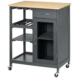 Homcom - Kitchen Island with Storage, Kitchen Cart with 4-bottle Wine Rack, Bar Cart with Stemware Holder, Shelves - Gray