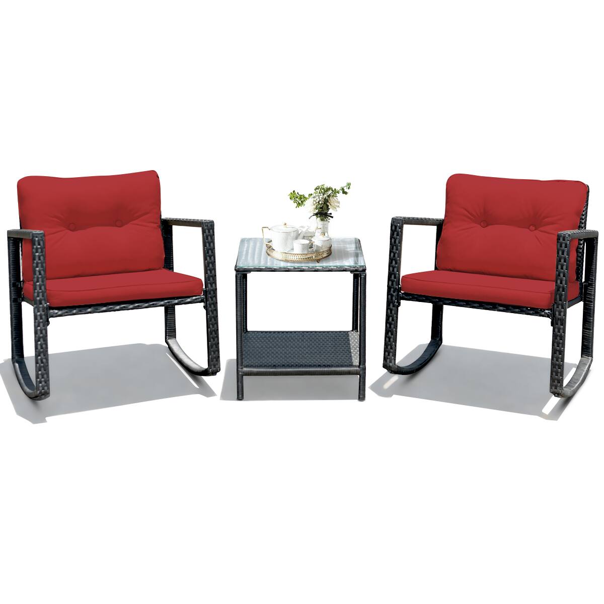 Alt View 4. Gymax - Gymax 3PCS Rattan Rocking Chair Table Set Patio Furniture Set w/ Burgundy Cushions - as pic.