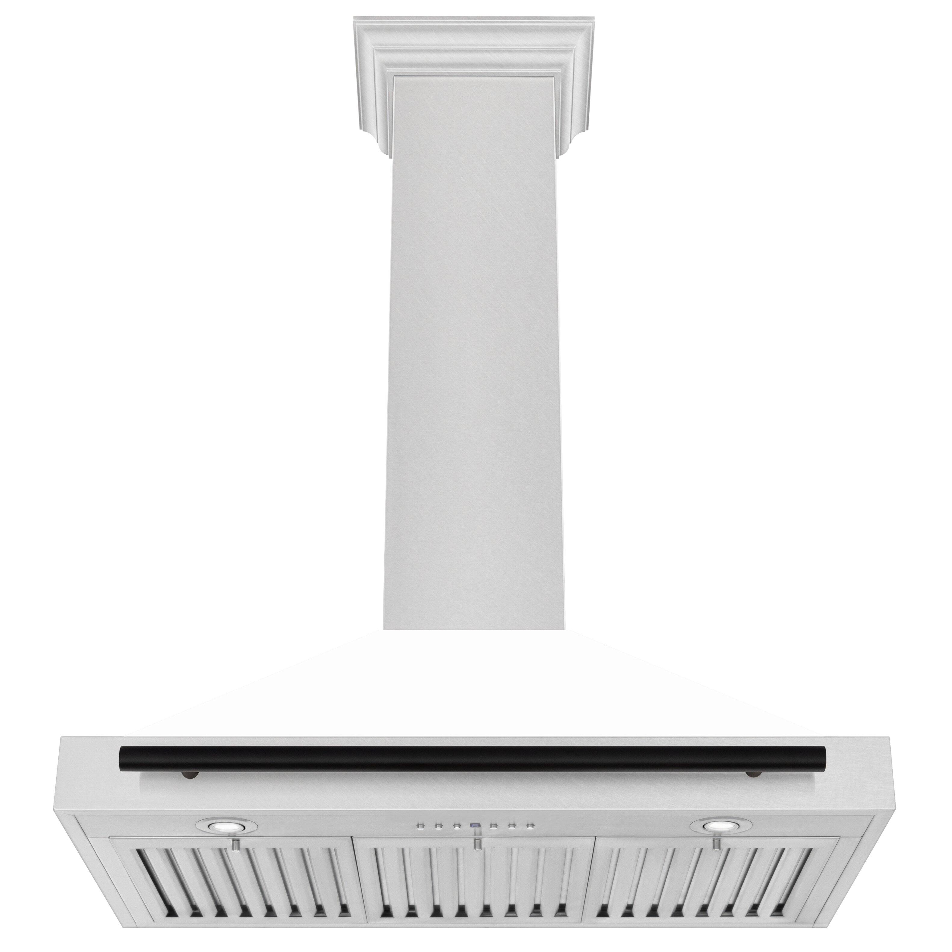 Angle. ZLINE - Autograph 36 in. Convertible Satin Stainless Steel Wall Mount Range Hood with White Matte Shell and Matte Black Handle - Stainless steel.