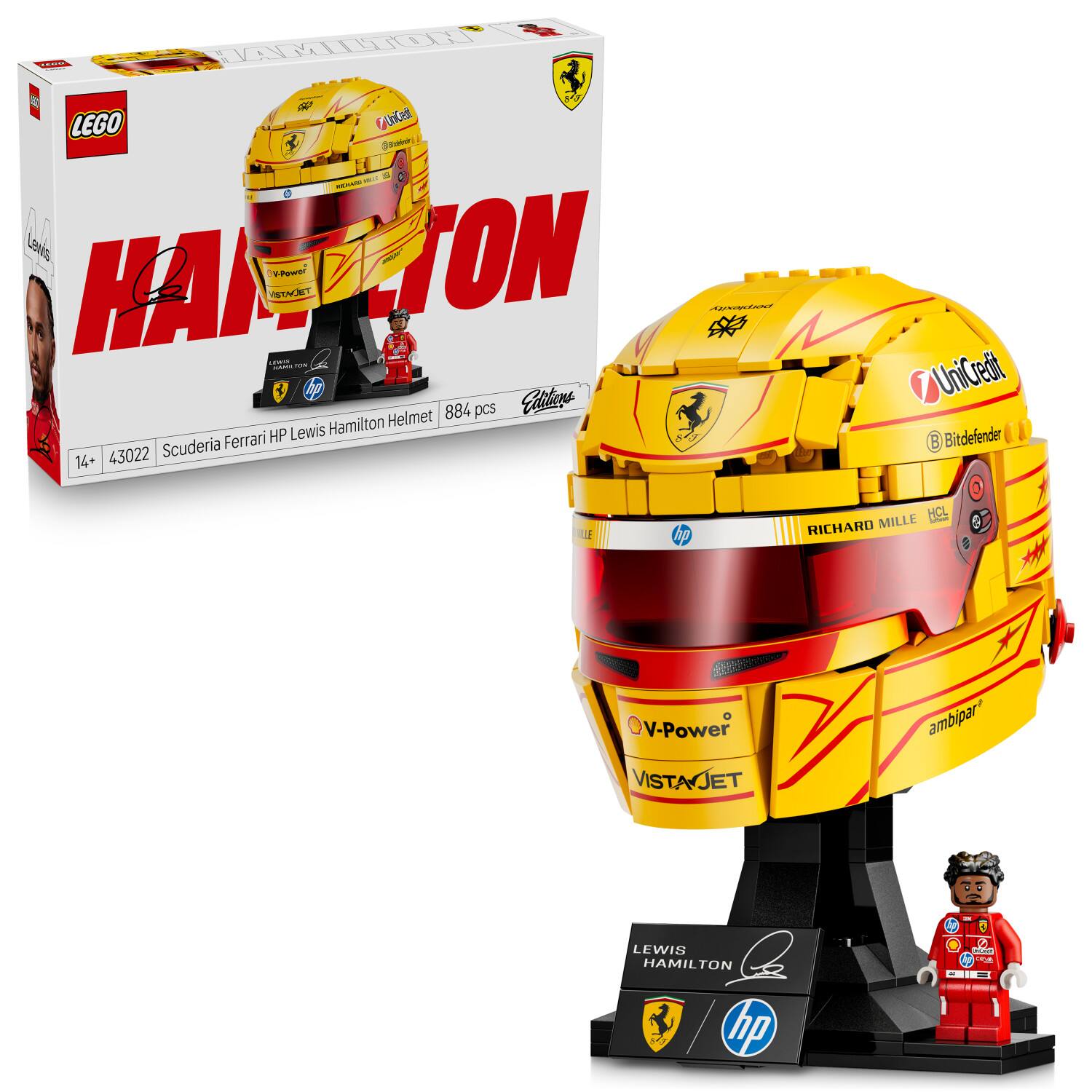 LEGO Scuderia Ferrari HP Lewis Hamilton Helmet 884 pcs Editens Hamilton Helmet Ferrari HP Lewis 43022 Scuderia 14+ MANONNT  UniCredit B Bitdefender ILE p HCL doas RICHARD MILLE 0 V-Power VISTAJET ambipar' C LEWIS HAMILTON 1 hp