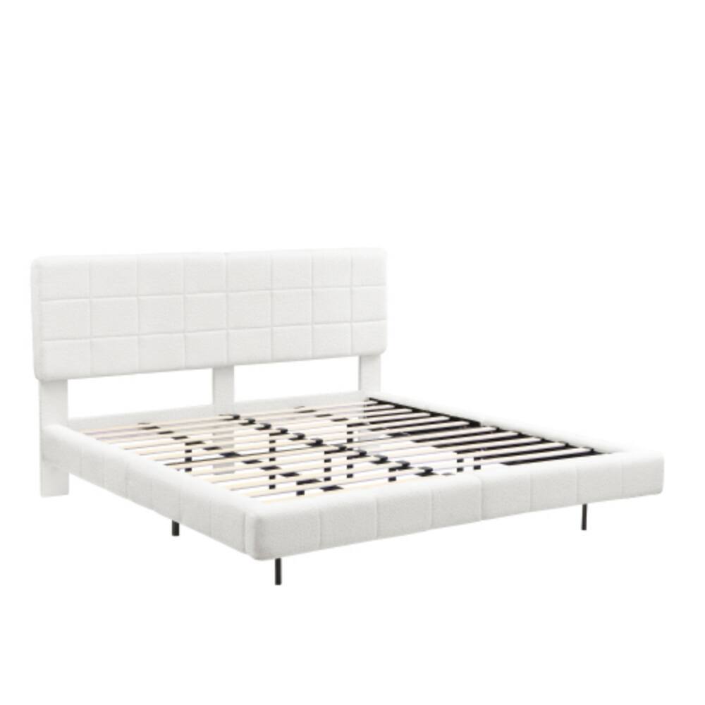 Alt View 2. LUCKY ONE - King Size White Boucle Floating Bed with LED Light, Anti-Collision Corners, No Box Spring Needed, Easy Clean Under-Bed - White.