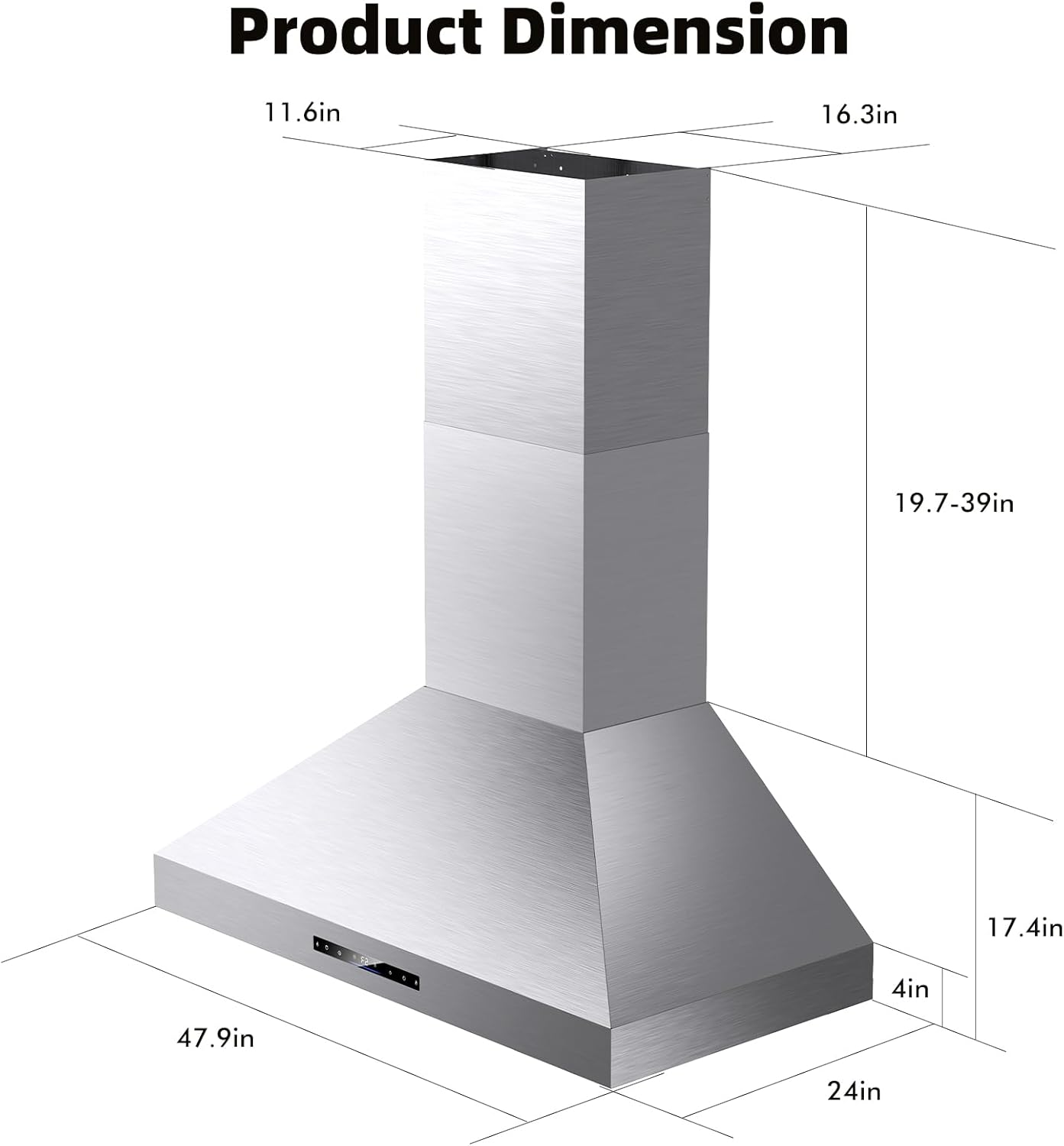 Product Dimension: 11.6in, 16.3in, 19.7-39in, 17.4in, 4in, 47.9in, 24in