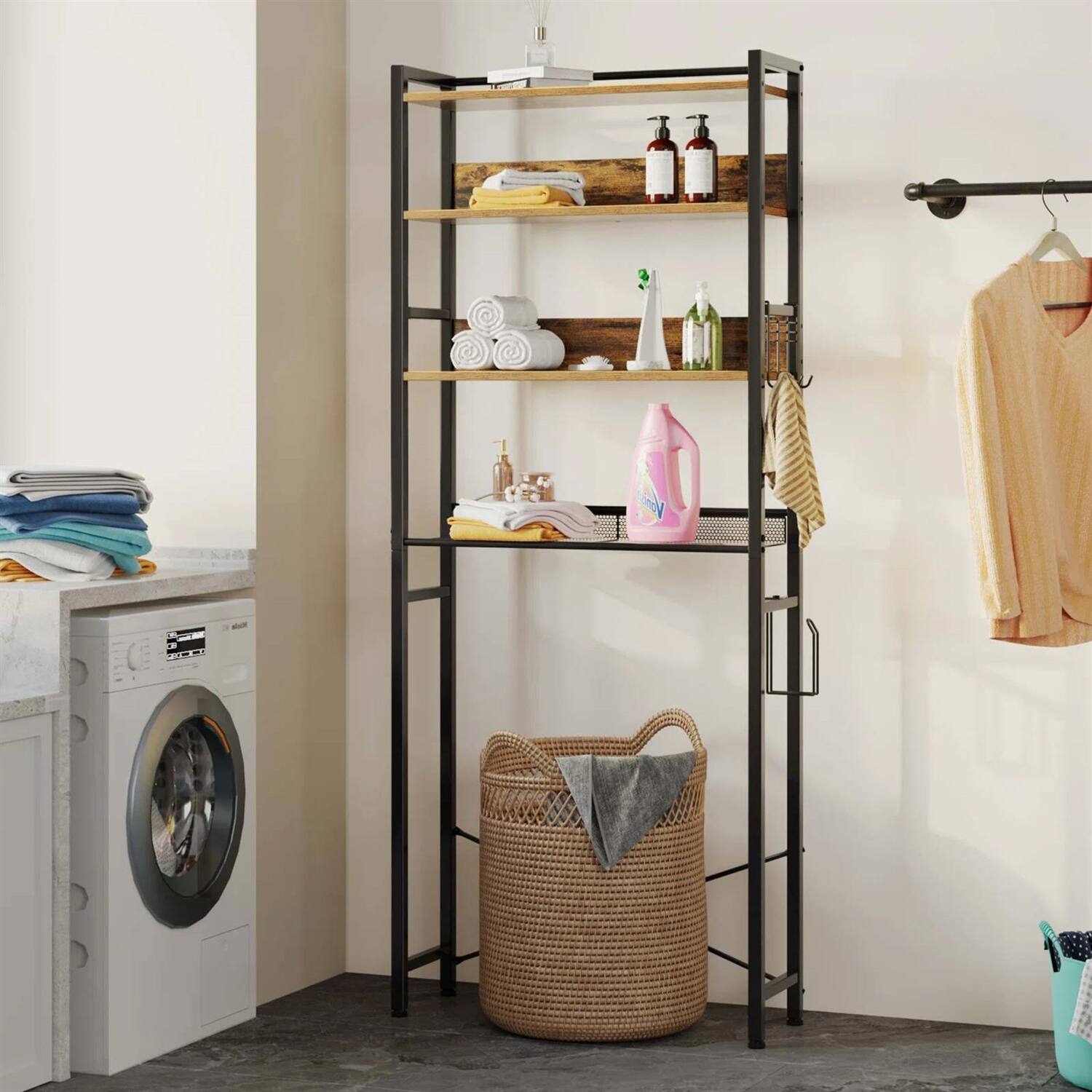 Back. Hivvago - Over the Toilet Storage Freestanding Modern Black Metal Brown Wood Shelving Unit - Brown.