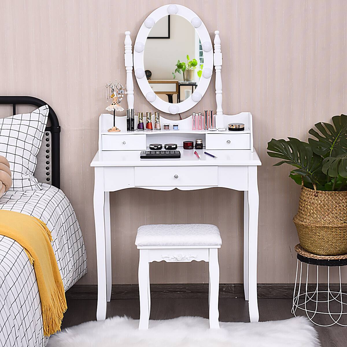 Alt View 1. Costway - Costway Vanity Dressing Table 10 Dimmable Bulbs Touch Switch for Bedroom - White.