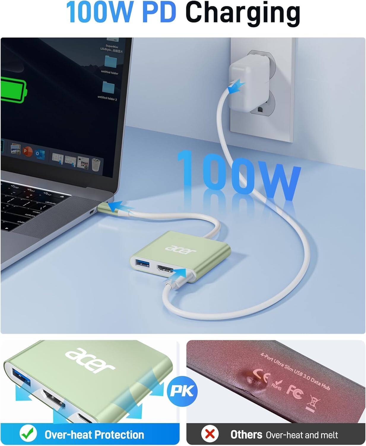 100W PD Charging SuperMini LifvSohM undted fabder unced Talder 1 P O 4oa t an an Au 100W 100% a0er acer PK 4-Port Ultra Slim CE USB 3.0 Data ROHS Hub FC Over-heat Protection X Others Over-heat and melt